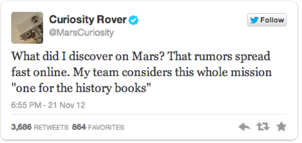 A tweet from the NASA scientists behind the Curiosity Rover hypesplosion 