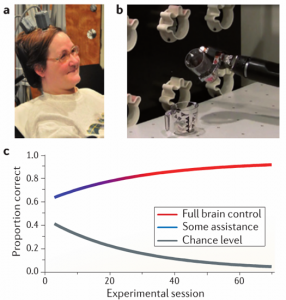 Figure 2: A tetraplegic individual was implanted with a 192-electrode intracortical array (a) and was trained over 4 months to use her motor cortical activity to control a robotic arm (b). The training process was considered adaptive in that the computer assisted the robotic arm’s movement initially but yielded over time to the subject’s total neural control of the prosthetic(c). From University of Pittsburgh Medical Center and Collinger et al., 2013